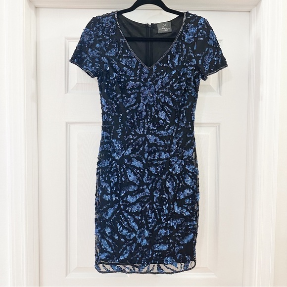 ADRIANNA PAPELL BLUE SEQUIN BEADED MESH SHORT MINI COCKTAIL DRESS 4 - Picture 5 of 10